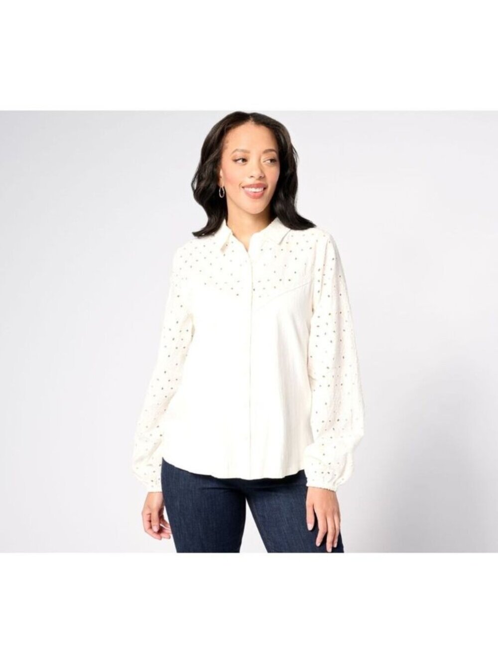 Denim & Co. Canyon Retreat Shirt Button Front M Eyelet Mixed Media Ivory A633557